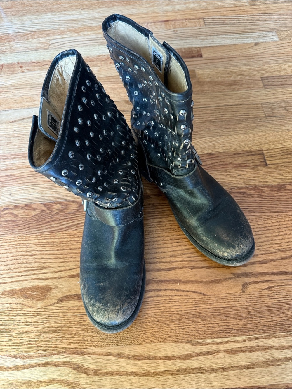 Frye Jenna Black Studded Distressed Leather Moto Boot